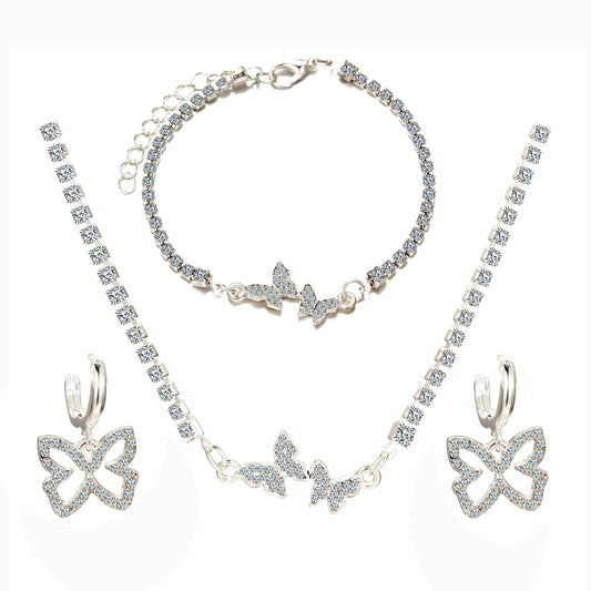 Rhinestone Butterfly Pendant Necklace Set 3 Pieces