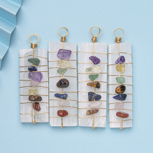 Natural gypsum raw stone tied with colorful gravel pendant