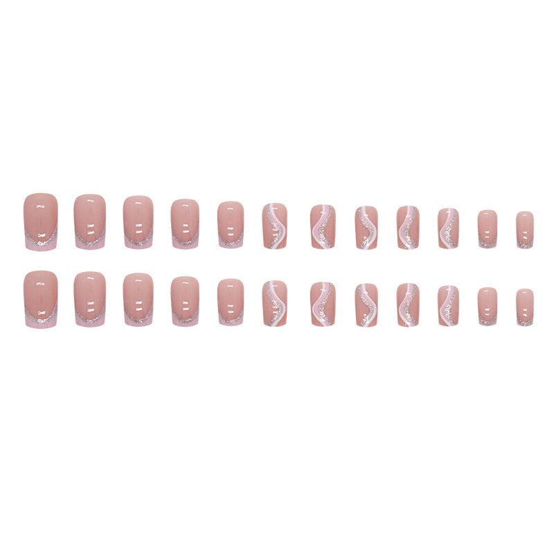 Pink and White Striped Square Fake Nails