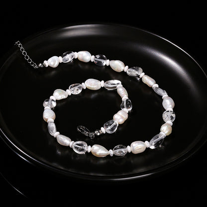 Natural White Crystal Conformal Bead Baroque Pearl Necklace