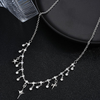 Cross Zirconia Silver Tassel Necklace