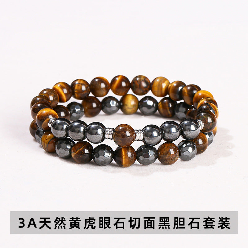 Natural yellow tiger's eye stone with black gallstone round bead bracelet.