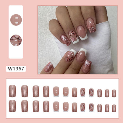 Sparkling Rose Pink Butterfly Square Fake Nails