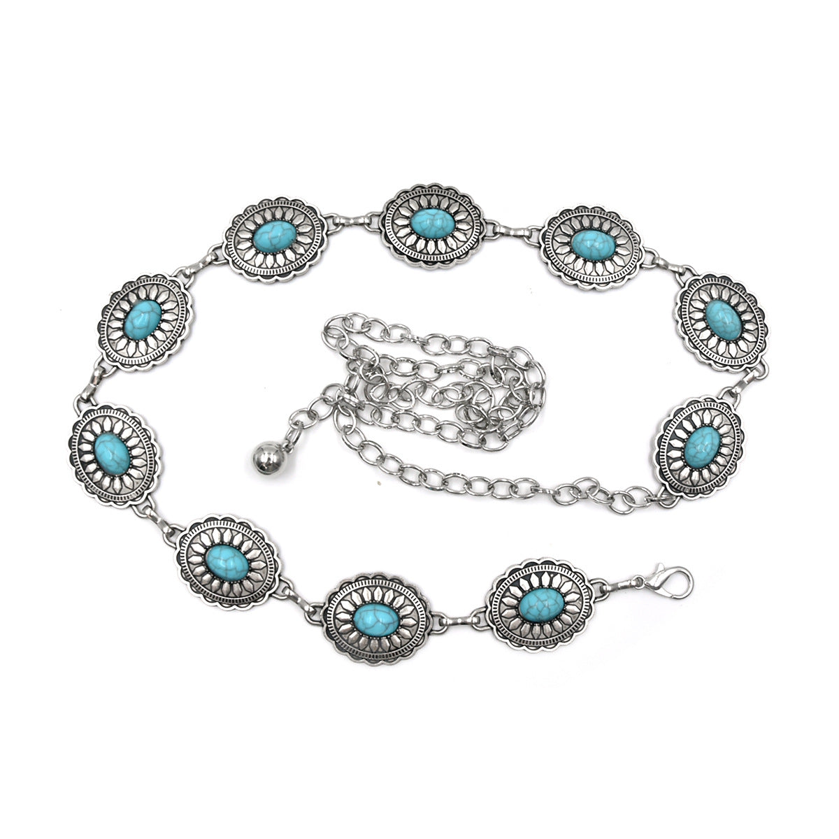 Turquoise ancient silver metal waist chain