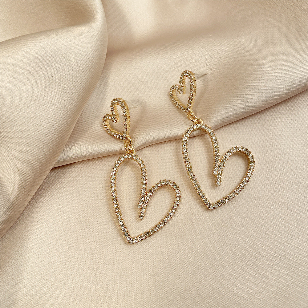 Long diamond hollow heart earrings