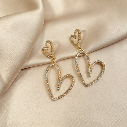 Long diamond hollow heart earrings