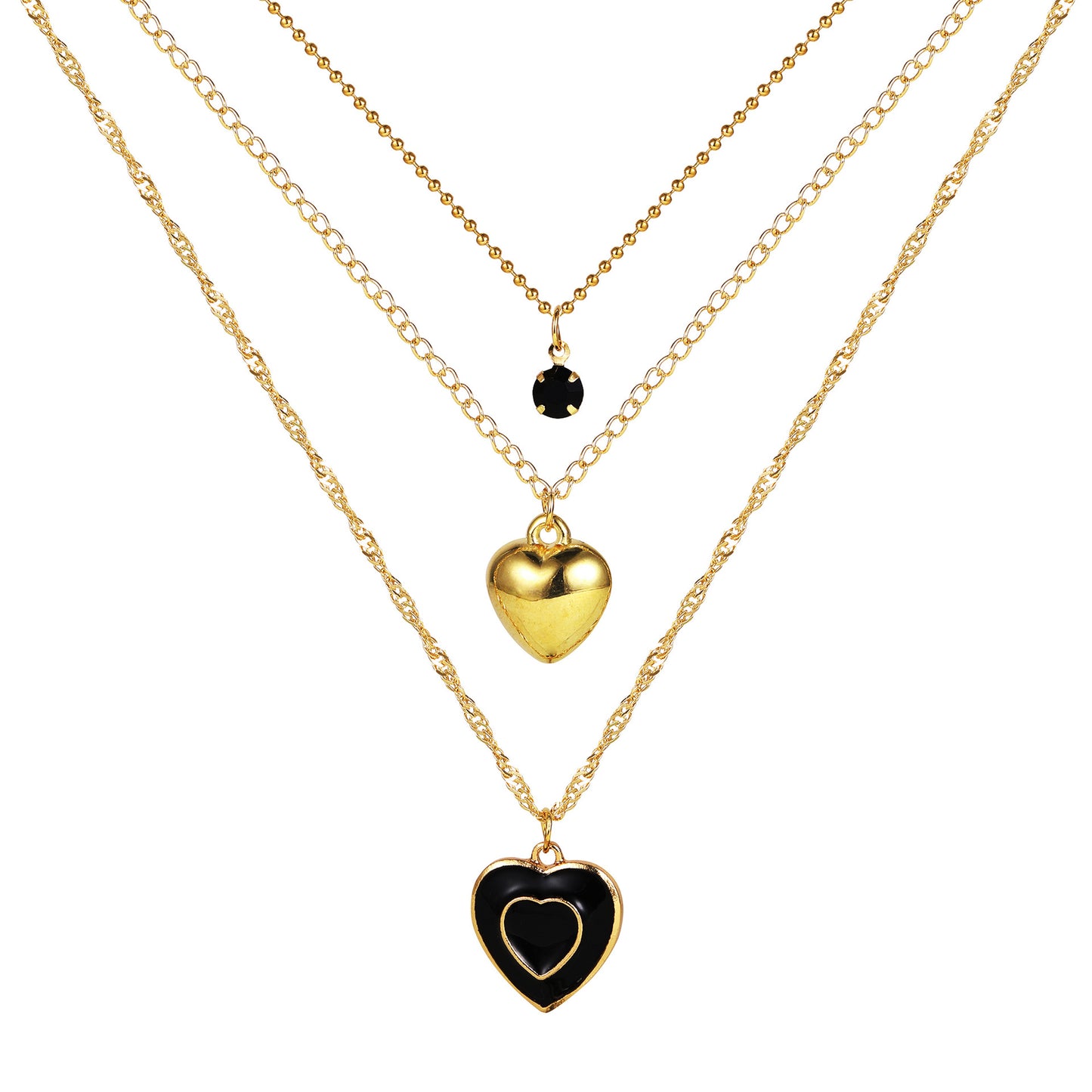 Multi-layered black oil-dripping peach heart necklace