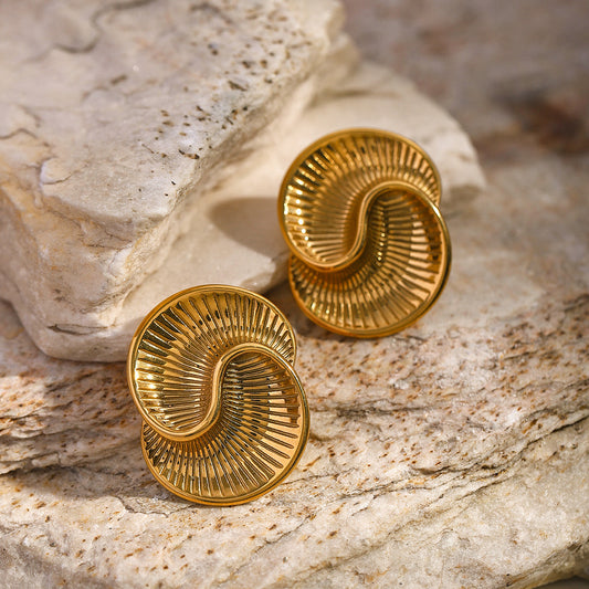 18k gold stainless steel water drop texture spiral earrings