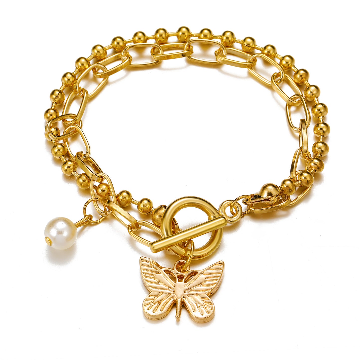 Butterfly Pendant Double Bead Chain Bracelet