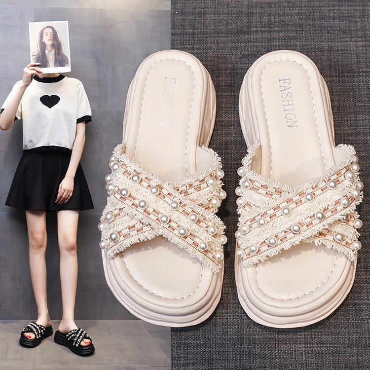 Cross pearl platform slippers