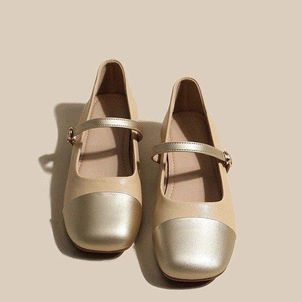 Gold single shoes thick heel leather shoes