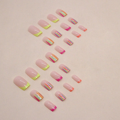 Medium-Length Rainbow Striped French Fake Nails