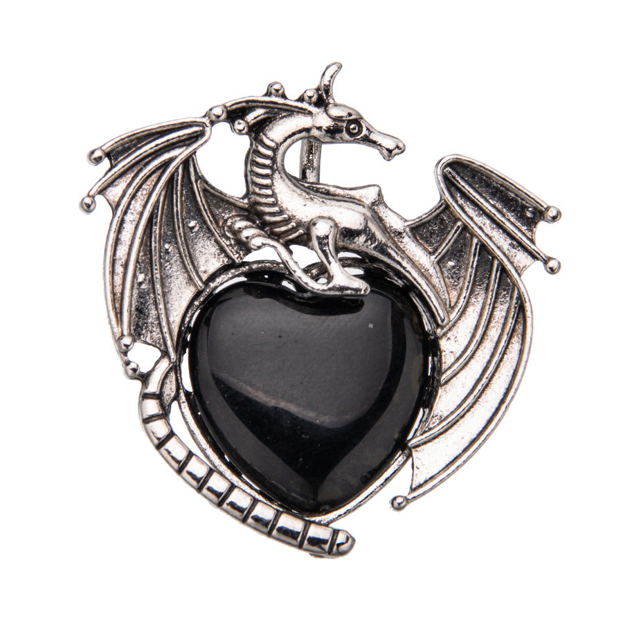 Vintage flying dragon pterosaur heart shaped crystal pendant