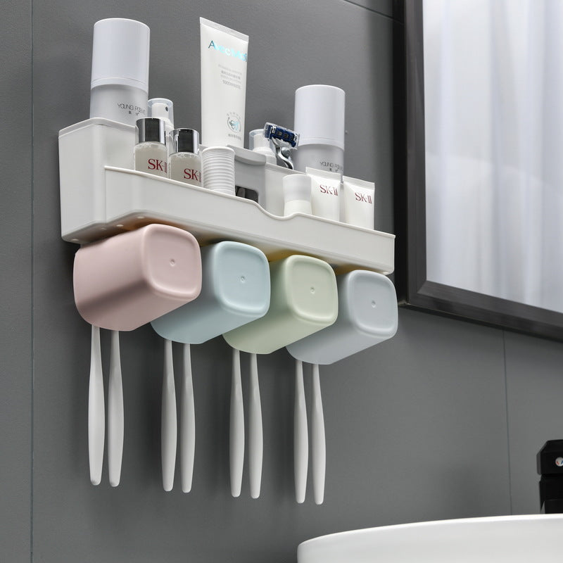 No-Punch Toothbrush Holder, Cup Organizer with Toothpaste Dispenser