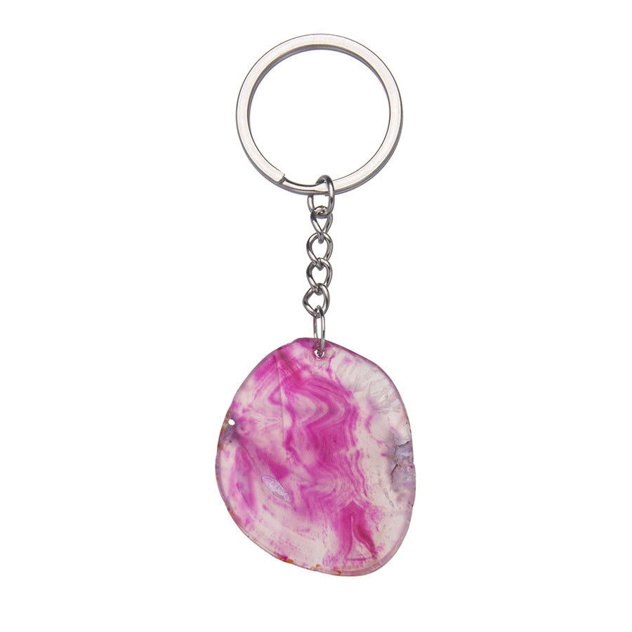 Natural stone agate piece raw stone stainless steel keychain