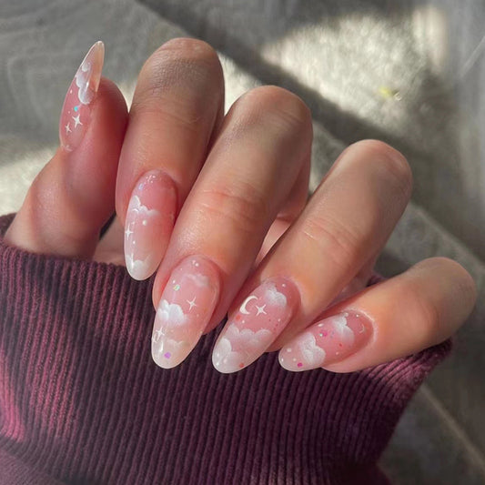 Soft Cute Cloud Star Long Oval Fake Nails