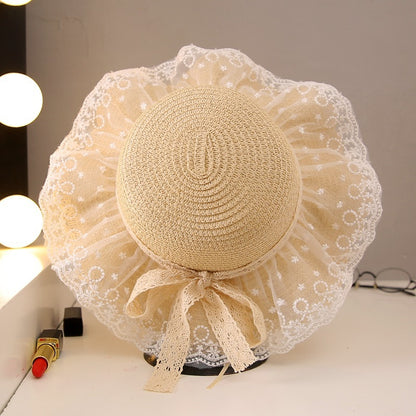 New Family Kids Straw Wide Brim Sun Beach Little Princess Lace