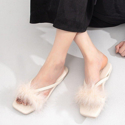 Real rabbit fur flat-bottomed slippers