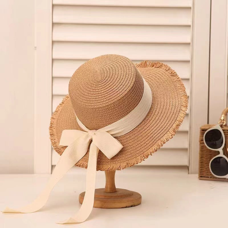 Trend Bow Straw Hat Women Summer Woven Flat Brim Vacation Sun