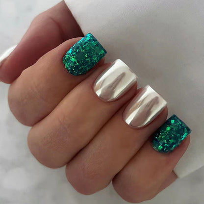 Short Dark Green Aurora Glitter Square Fake Nails