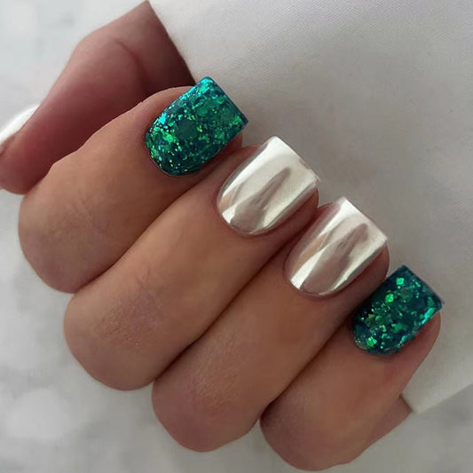 Short Dark Green Aurora Glitter Square Fake Nails