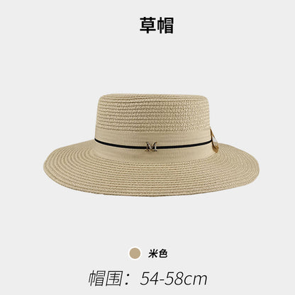 Sombrero de paja de copa plana Sombrero de sol de ala ancha de estilo francés para verano