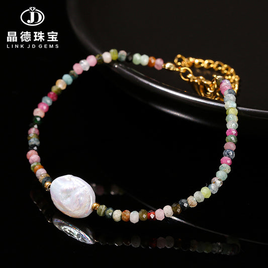 Natural color tourmaline cut round bead bracelet