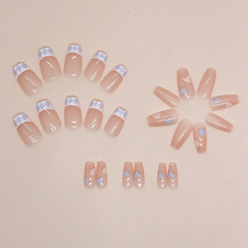 Short Ballet French Blue Heart Fake Nails