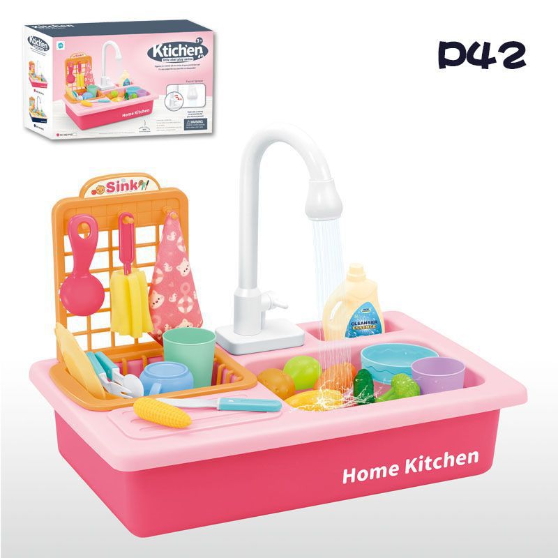 Children's Pretend Play Dishwasher with Dishwashing Basin, Circulating Water, Stove, Baby Pretend Play Kitchen Toy