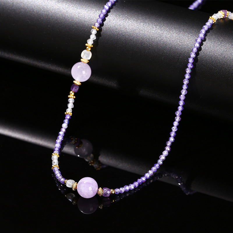 Natural purple jade cut zircon round beads necklace