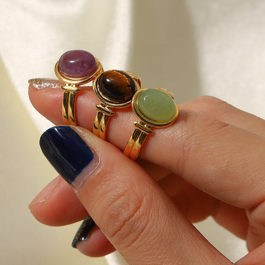 Oval Tiger Eye/Green/Purple Semi-Precious Stone Open Ring