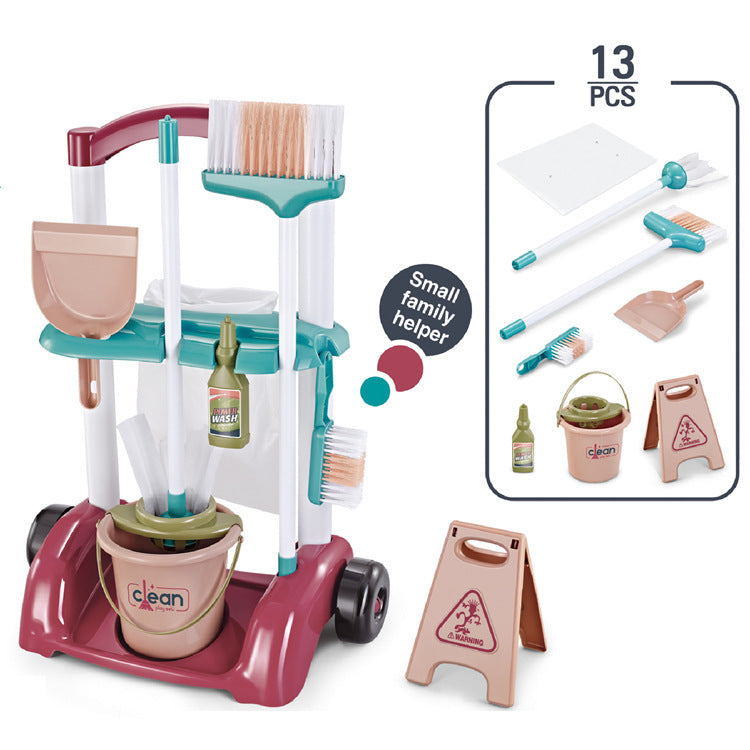 Children's Pretend Play Cleaning Tools Cart with Vacuum Cleaner, Broom, Mop Set for Housekeeping Toy