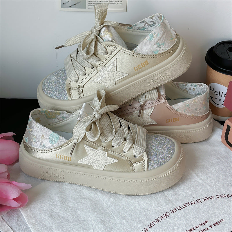 Thick-soled star-shaped two-way casual white shoes