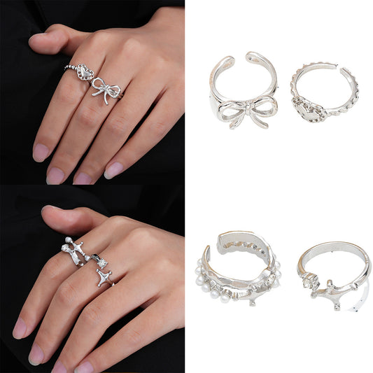 Zircon Bow Heart Ring 2-Piece Set