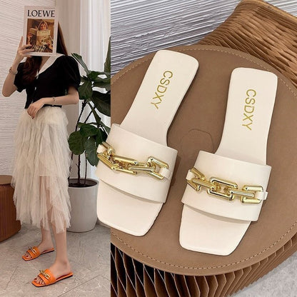 new chain flat bottom square head slippers