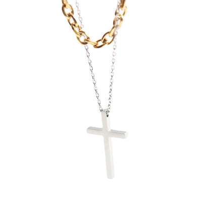 Cross pendant stacked with titanium steel necklace