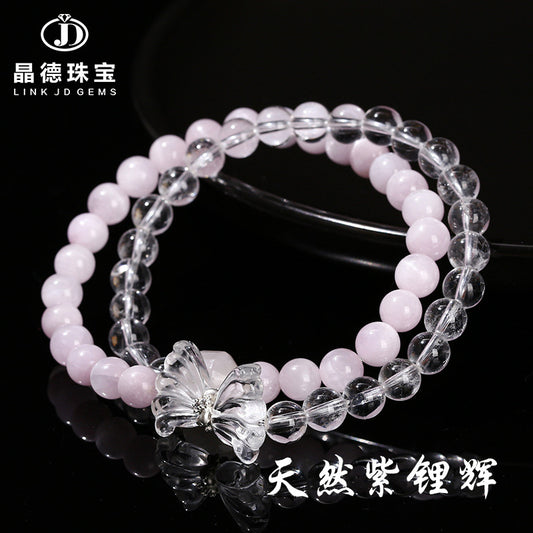 Natural purple lithium light with white crystal butterfly bracelet.