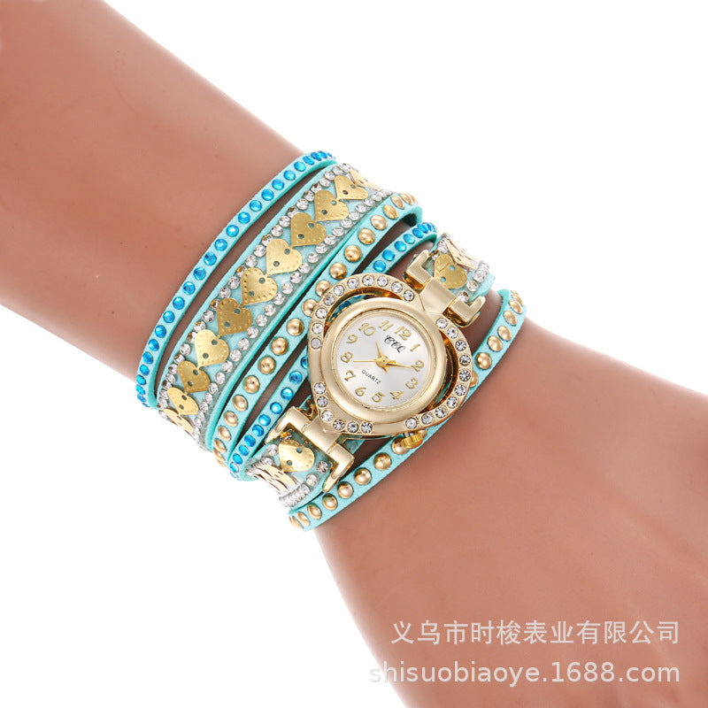 Wrap-Around Diamond-Embedded Bracelet Watch Heart Dial