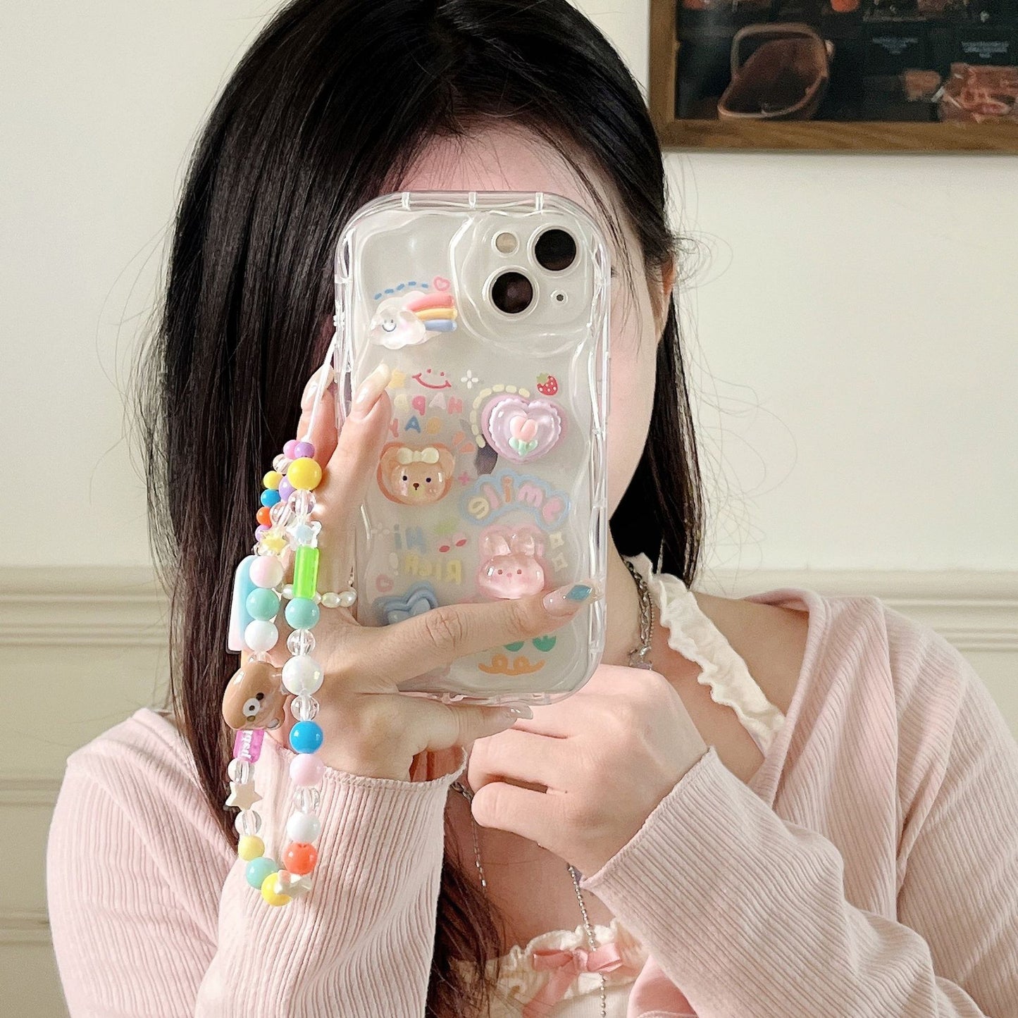 3D Bear Bunny Case iPhone15 Clear IP14 Pro Soft Shell Bell Pendant Chain