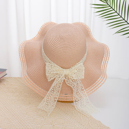 Sombrero de paja ondulado con flores para mujer para verano 