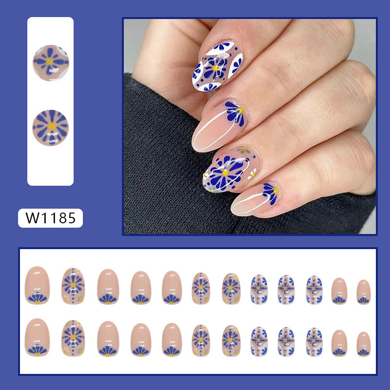 Short Oval Blue Floral Nails