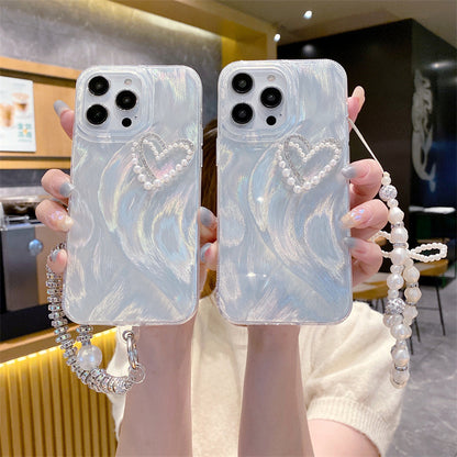 Funda de plumas plateadas para iPhone 16 Pro 13 12 con diamantes y corazón de perla y láser 