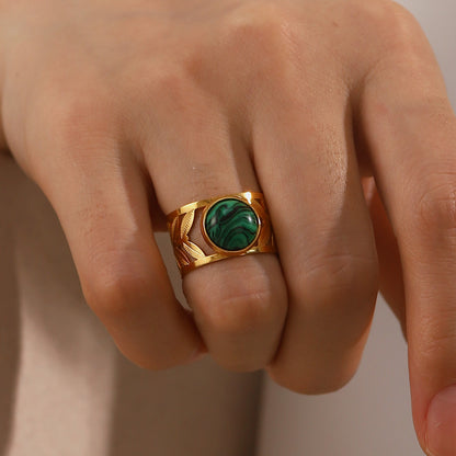 18K Gold Hollow Leaf Malachite Ring