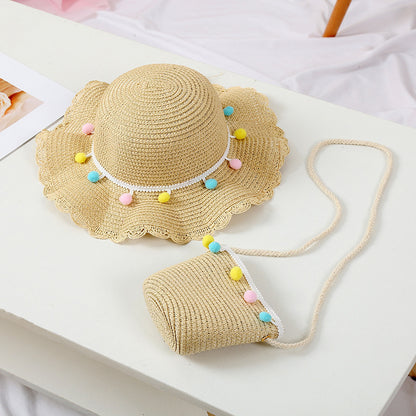 Kids Cool Hat Beaded Bag Sun Hat Girls' Summer Beach Wave Straw Wholesale