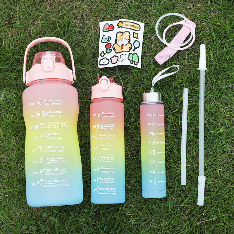 Large Capacity Straw Water Bottle, Frosted Plastic, Three-Piece Set