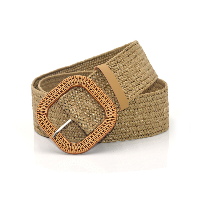 Woven belt Wood-colored square buckle belt