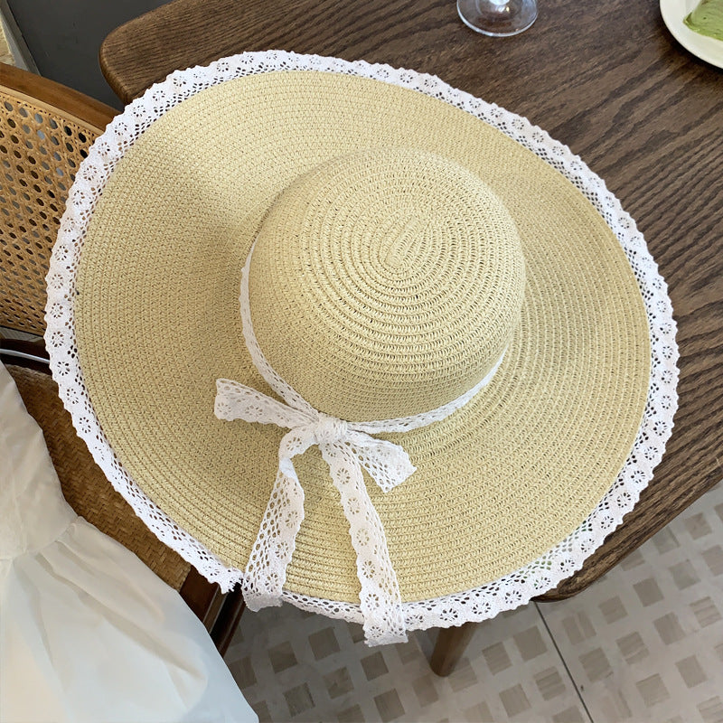 French Lace Bow Straw Hat Summer Sun Protection