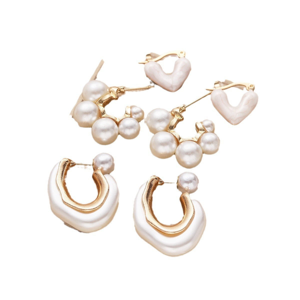 Gold Oil Drop Heart Pearl Earring Set