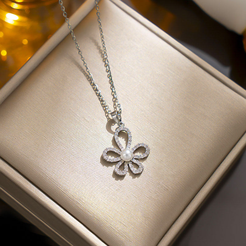 Korean Style Floral Necklace with Pearl Pendant