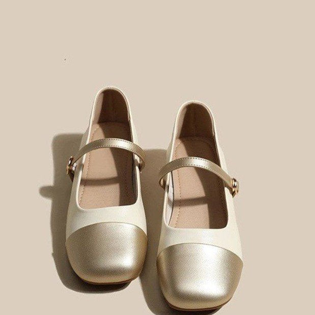 Gold single shoes thick heel leather shoes